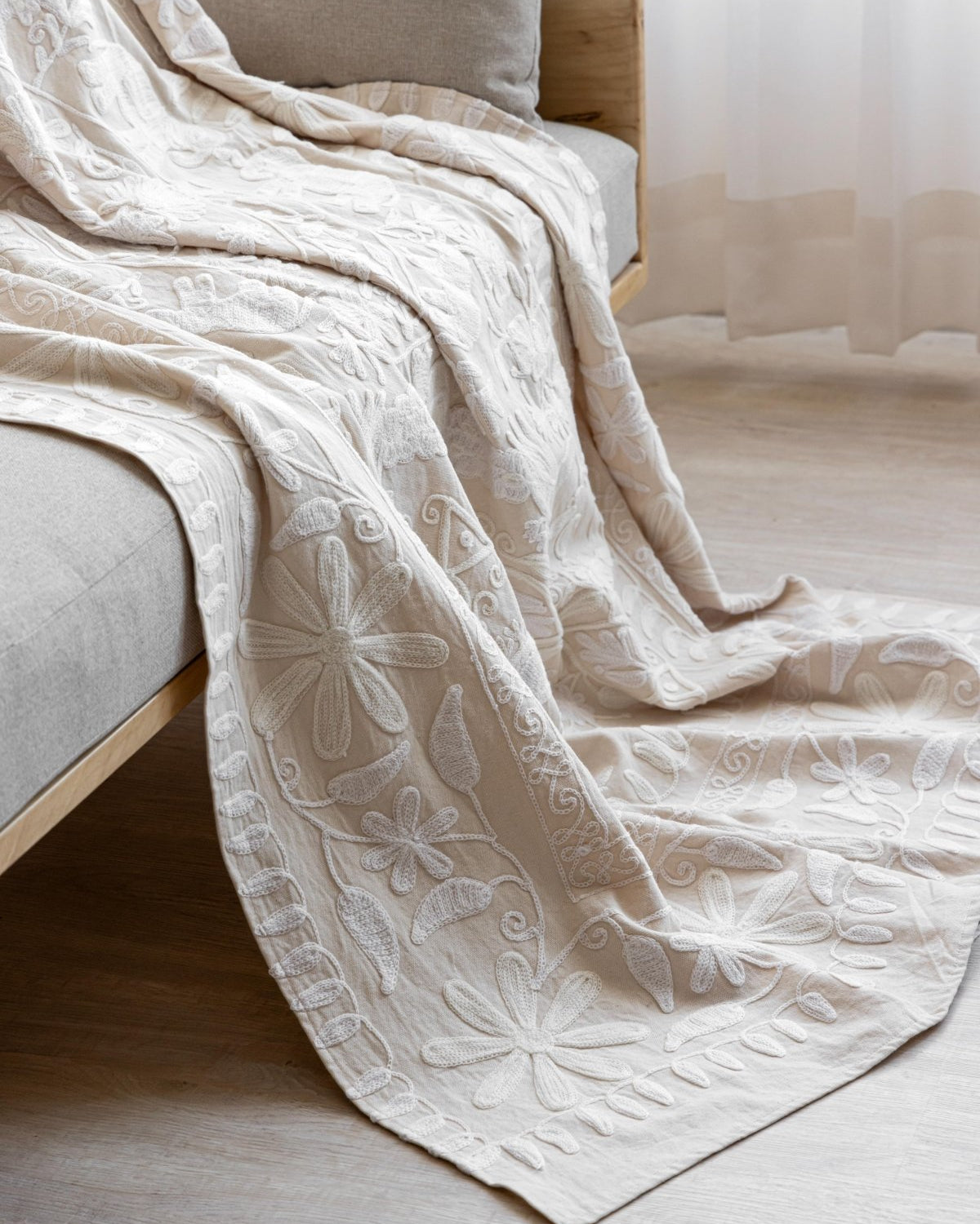 Ivory Suzani Tapestry Throw 60x90" - Marble Lotus - Purchase White Suzani Tapestry Throw (60x90) | Marble Lotus