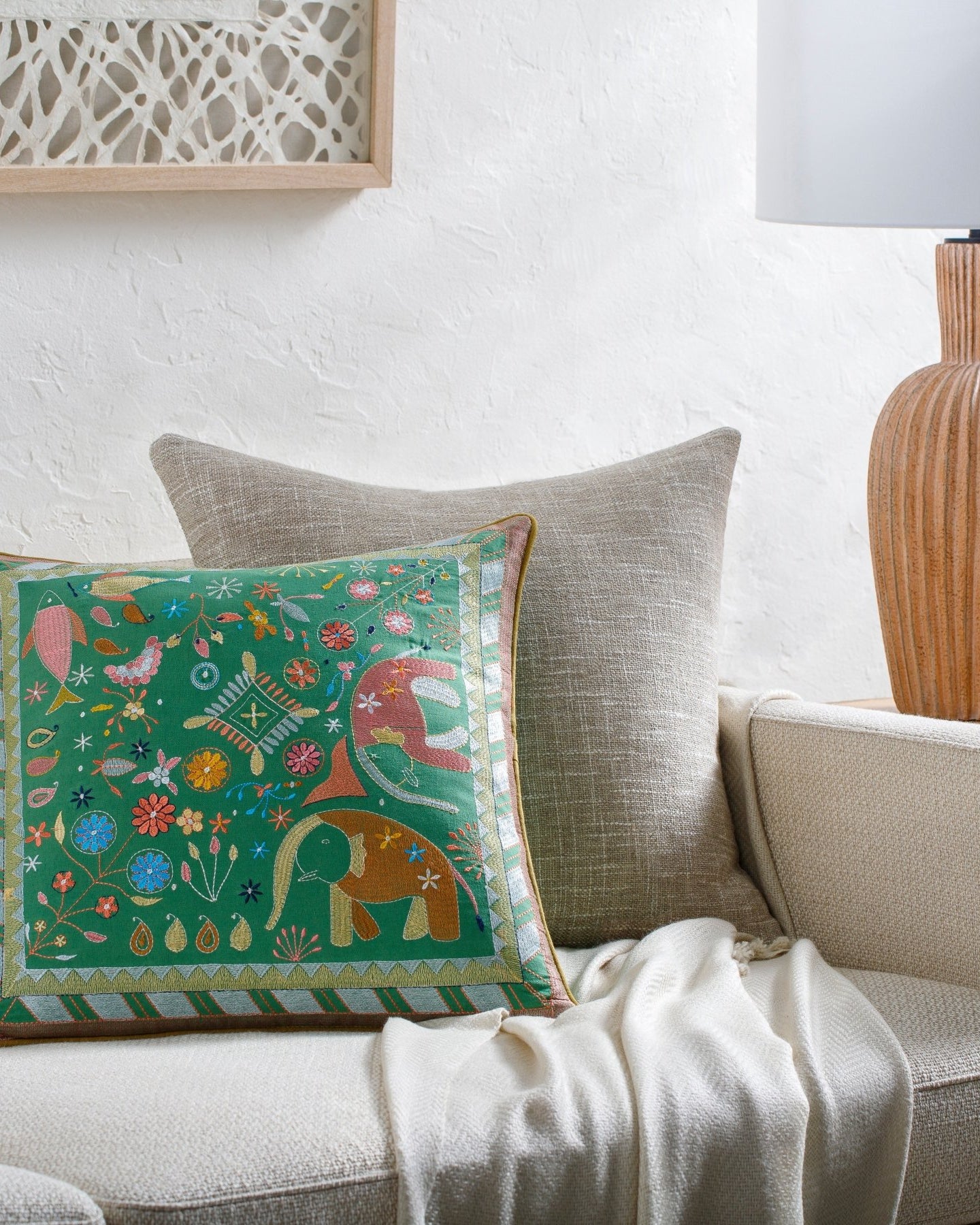 Jaipur Elephant Embroidered Pure Cotton Pillow - Marble Lotus - Jaipur Elephant Embroidered Pure Cotton Pillow.