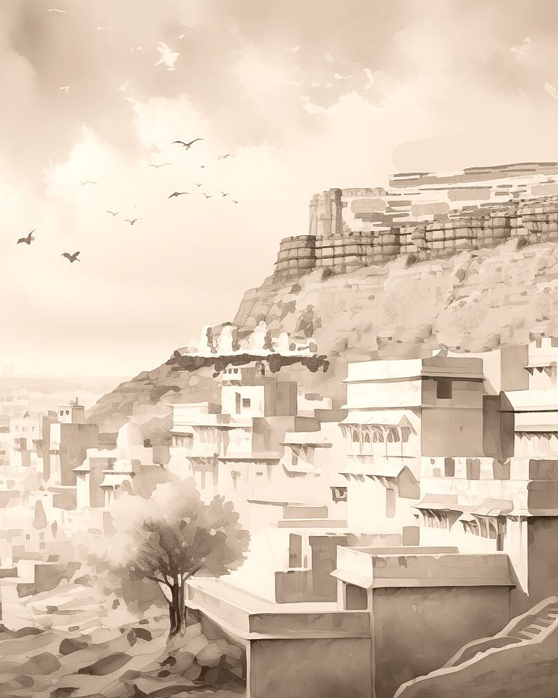 Jodhpur, Rajasthan | Watercolor Fine Art Giclée Print - Marble Lotus - Jodhpur Blue City Design