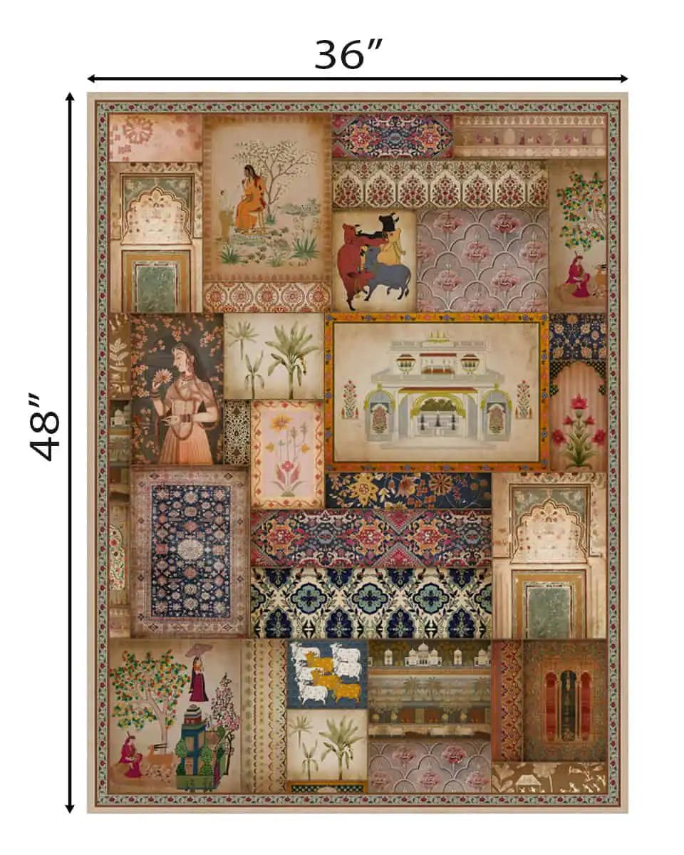 Kahani Vintage Indian Frameless Painting Wall Art Digital Print Poster 36 x 48 inches - Marble Lotus - Kahani Vintage Indian Painting Wall Art Digital Print | Life n Colors |