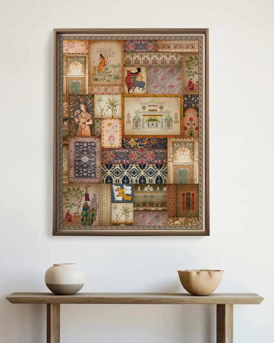 Kahani Vintage Indian Frameless Painting Wall Art Digital Print Poster 36 x 48 inches - Marble Lotus - Kahani Vintage Indian Painting Wall Art Digital Print