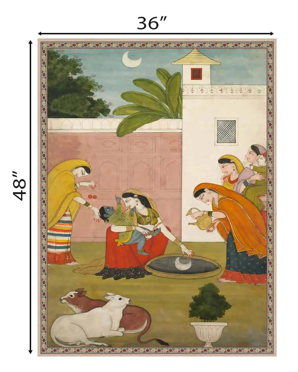 Kanha Vintage Indian Painting Frameless Wall Art Digital Print Poster 36 x 48 inches - Marble Lotus - Kanha Vintage Indian Painting Wall Art Digital Print | Life n Colors |