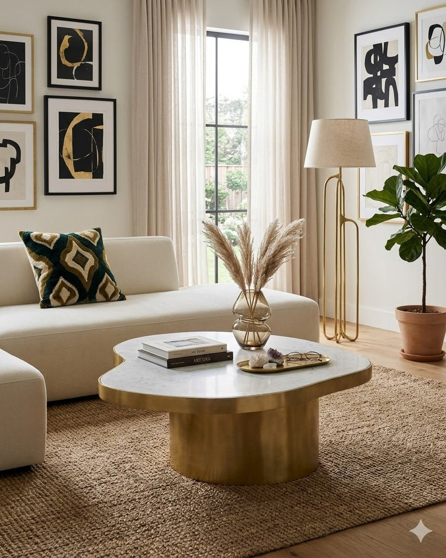 Kidney Coffee Table - Marble Lotus - Kidney Coffee Table