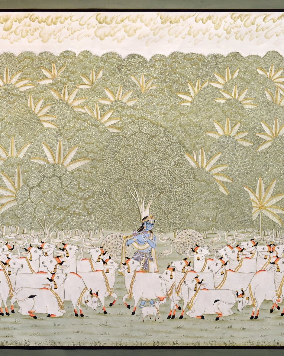 Krishna and His Cows in the Garden - Marble Lotus - Krishna and His Cows in the Garden - Marble Lotus - Pichwai Painting of Lord Krishna Playing Flute with Cows | Krishna and His Cows in the Garden | Indian Art