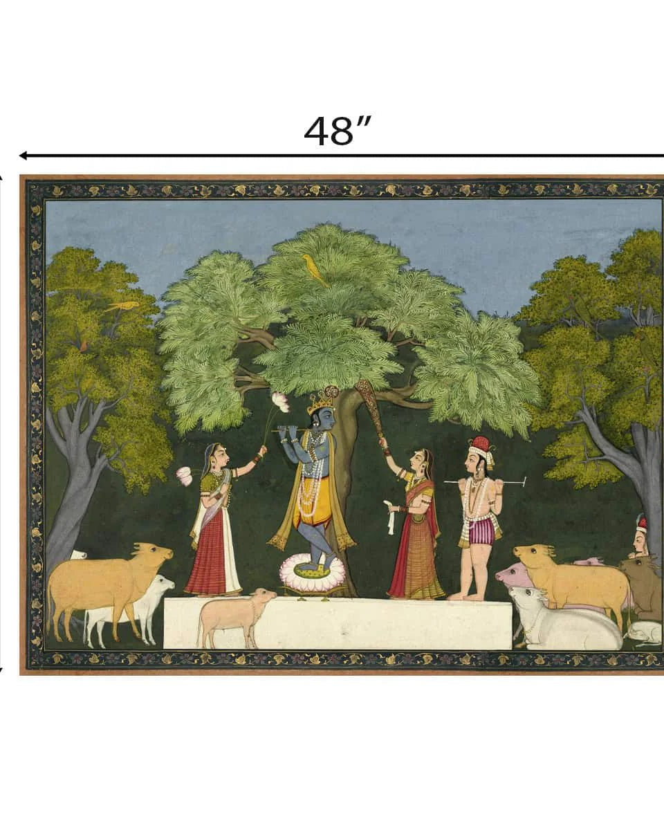 Krishna Leela with Gopies Vintage Frameless Indian Painting Wall Art Digital Print Poster 36 x 48 inches - Marble Lotus - Krishn with gopies Vintage Indian Painting Wall Art Digital Print Poster 36 x 48 inches Wall Art for Living Room Decor Wall Art