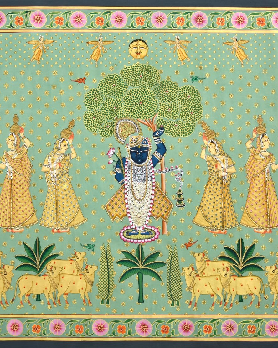 Krishna's Garden Dance - Marble Lotus - Krishna's Garden Dance - Marble Lotus - Pastel Pichwai Painting with Lord Krishna, Gopis and Cows | Krishna's Garden Dance | Indian Art