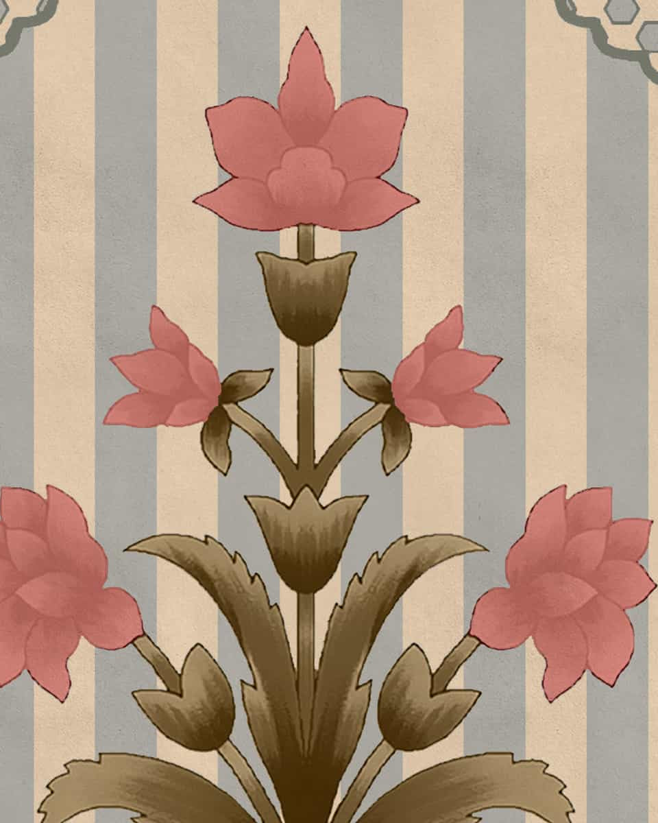 Kusum: Indian Floral Jharokha and Stripes Design Wallpaper - Marble Lotus - Buy Kusum Indian Floral Jharokha and Stripes Design Wallpaper | Marble Lotus