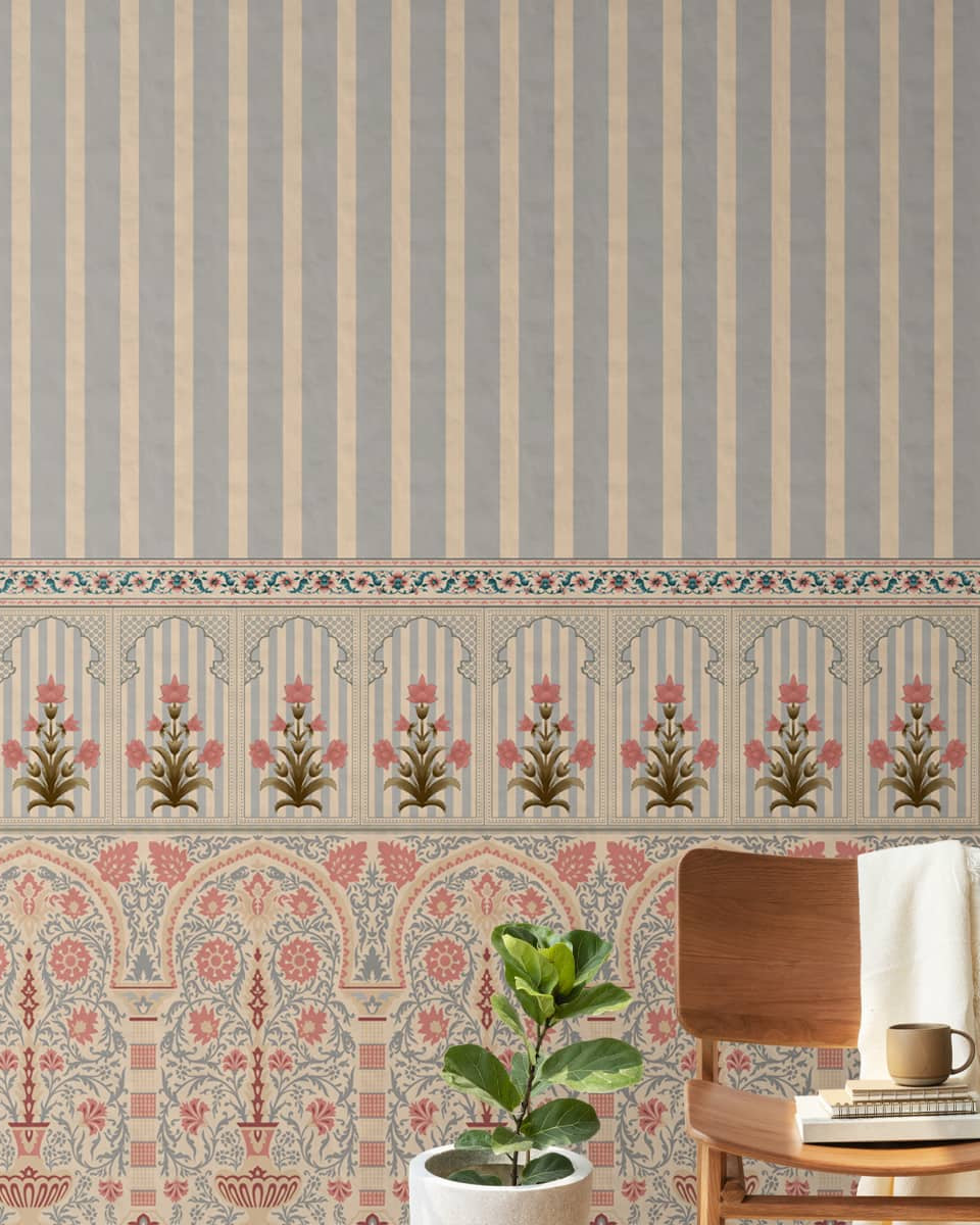 Kusum: Indian Floral Jharokha and Stripes Design Wallpaper - Marble Lotus - Get Kusum Indian Floral Jharokha and Stripes Design Wallpaper | Marble Lotus