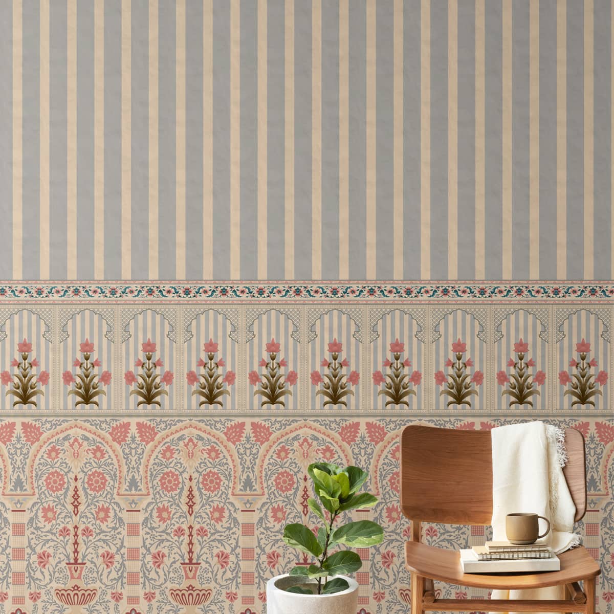 Kusum: Indian Floral Jharokha and Stripes Design Wallpaper - Marble Lotus - Get Kusum Indian Floral Jharokha and Stripes Design Wallpaper | Marble Lotus