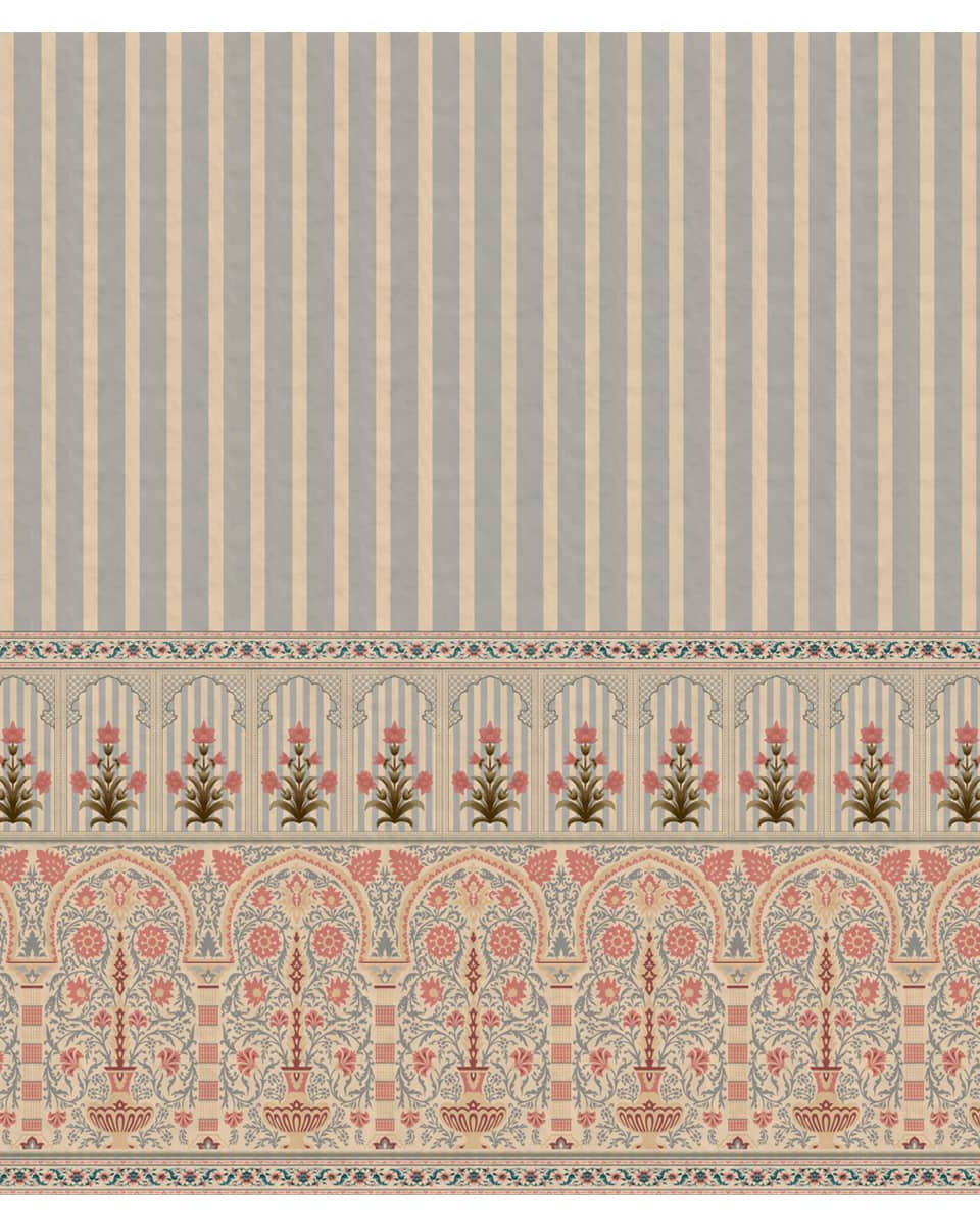 Kusum: Indian Floral Jharokha and Stripes Design Wallpaper - Marble Lotus - Kusum Indian Floral Jharokha and Stripes Design Wallpaper