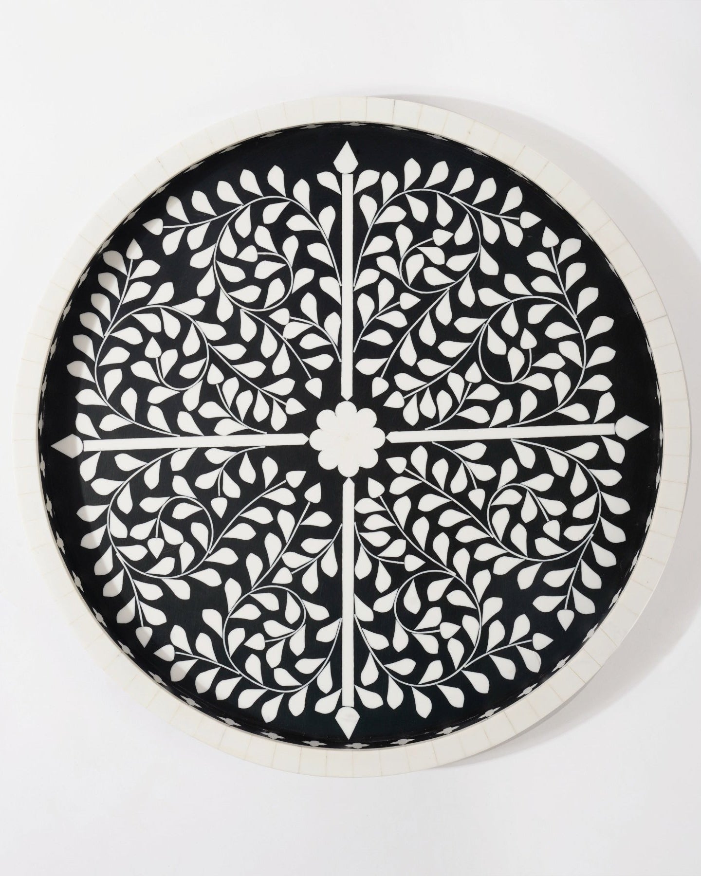 Large Black Wooden Inlay Tray - Marble Lotus - Black Wooden Inlay Tray