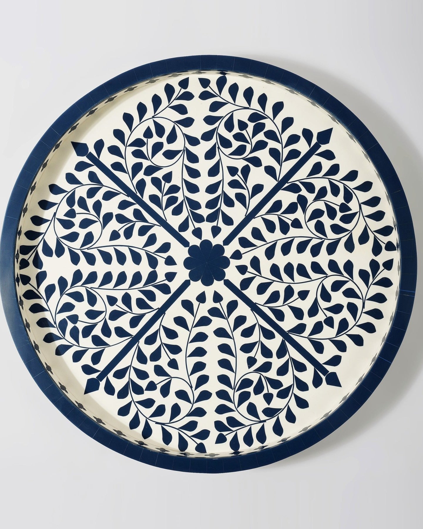 Large Navy Blue Wooden Inlay tray - Marble Lotus - Navy Blue Wooden Inlay Tray