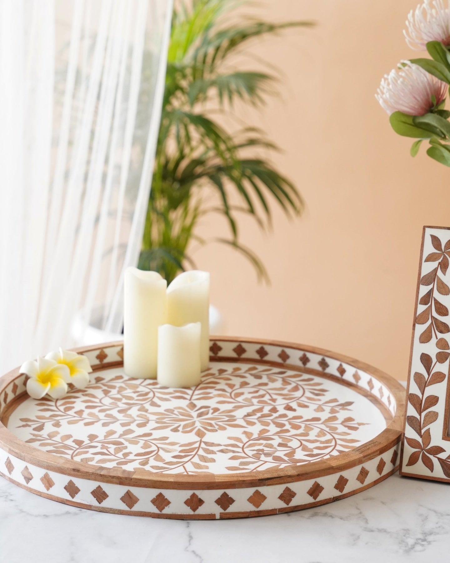 Large Wooden Inlay Tray 18" - Marble Lotus - Shop Wooden Inlay Tray