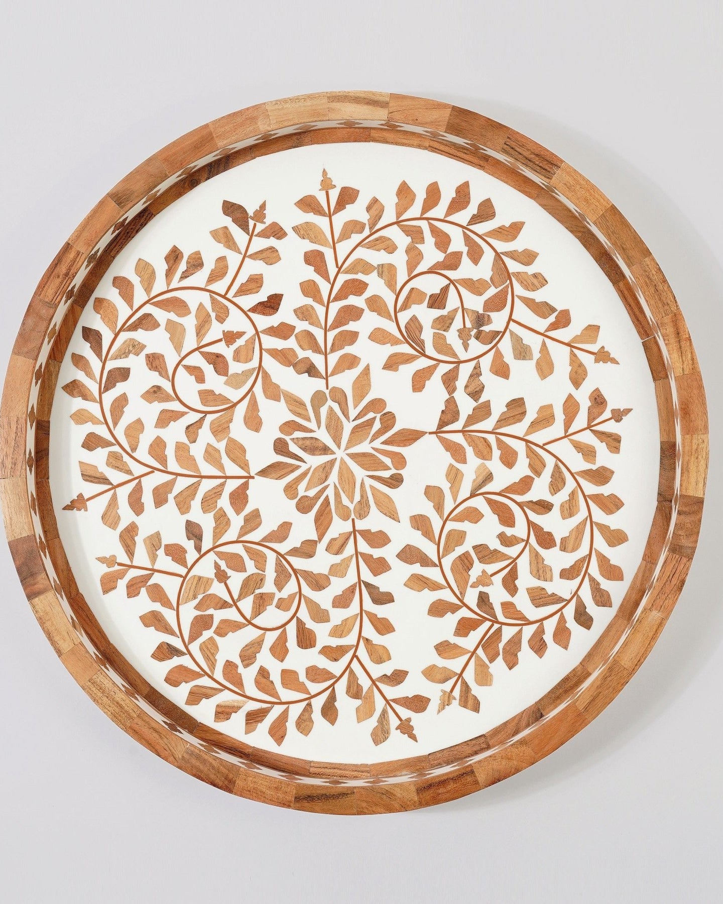 Large Wooden Inlay Tray 18" - Marble Lotus - Wooden Inlay Tray