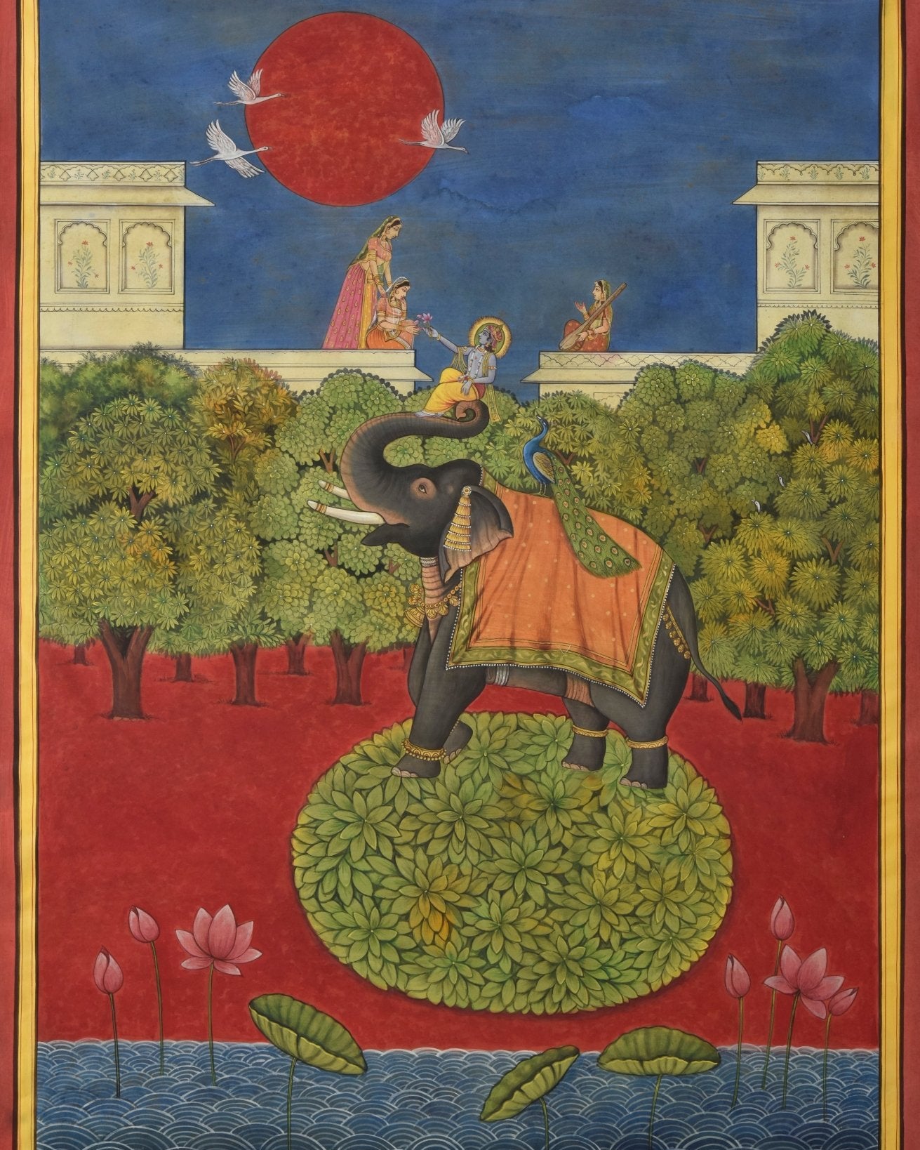 Lord Krishna Courting atop Elephant - Marble Lotus - Pichwai Painting | Lord Krishna Courting atop Elephant | Indian Art