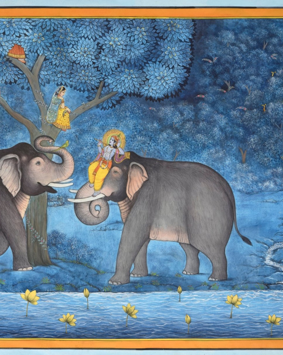 Lord Krishna Courting on the Banks of the Ganges - Marble Lotus - Pichwai Painting Lord Krishna Courting on the Banks of the Ganges