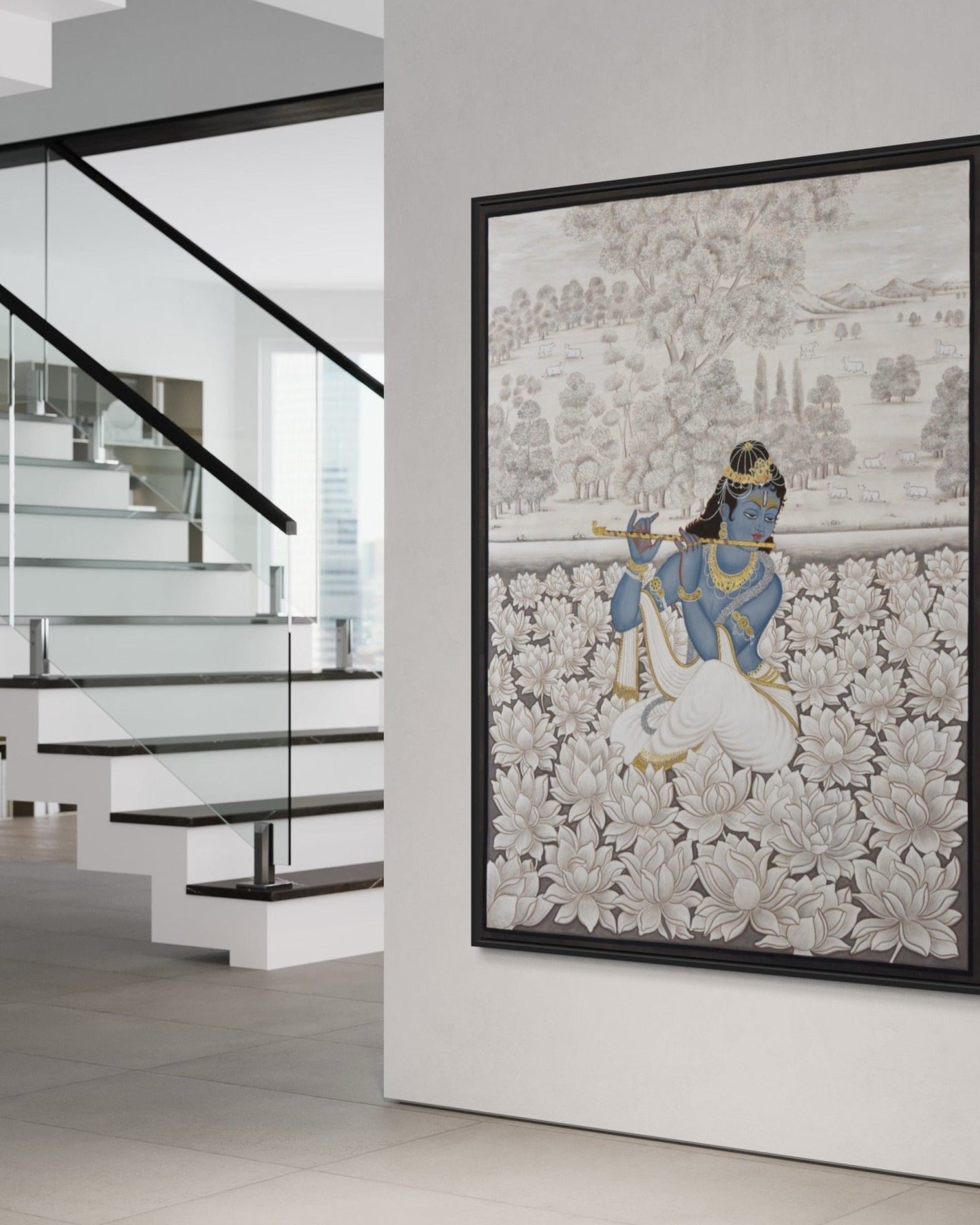 Lord Krishna with Flute - Marble Lotus - Pichwai Painting Nemichand's Krishna with Flute