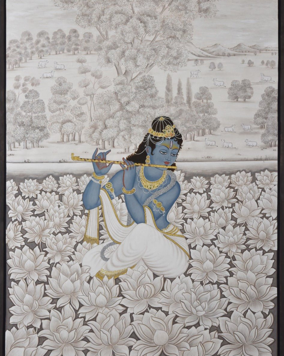 Lord Krishna with Flute - Marble Lotus - Pichwai Painting | Lord Krishna with Flute | Indian Art