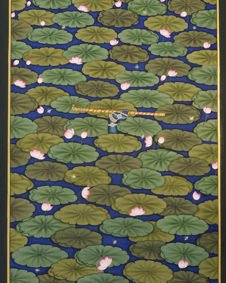 Lotus Lily Pond with Peeping Krishna - Marble Lotus - Pichwai Painting | Lotus Lily Pond with Peeping Krishna | Indian Art