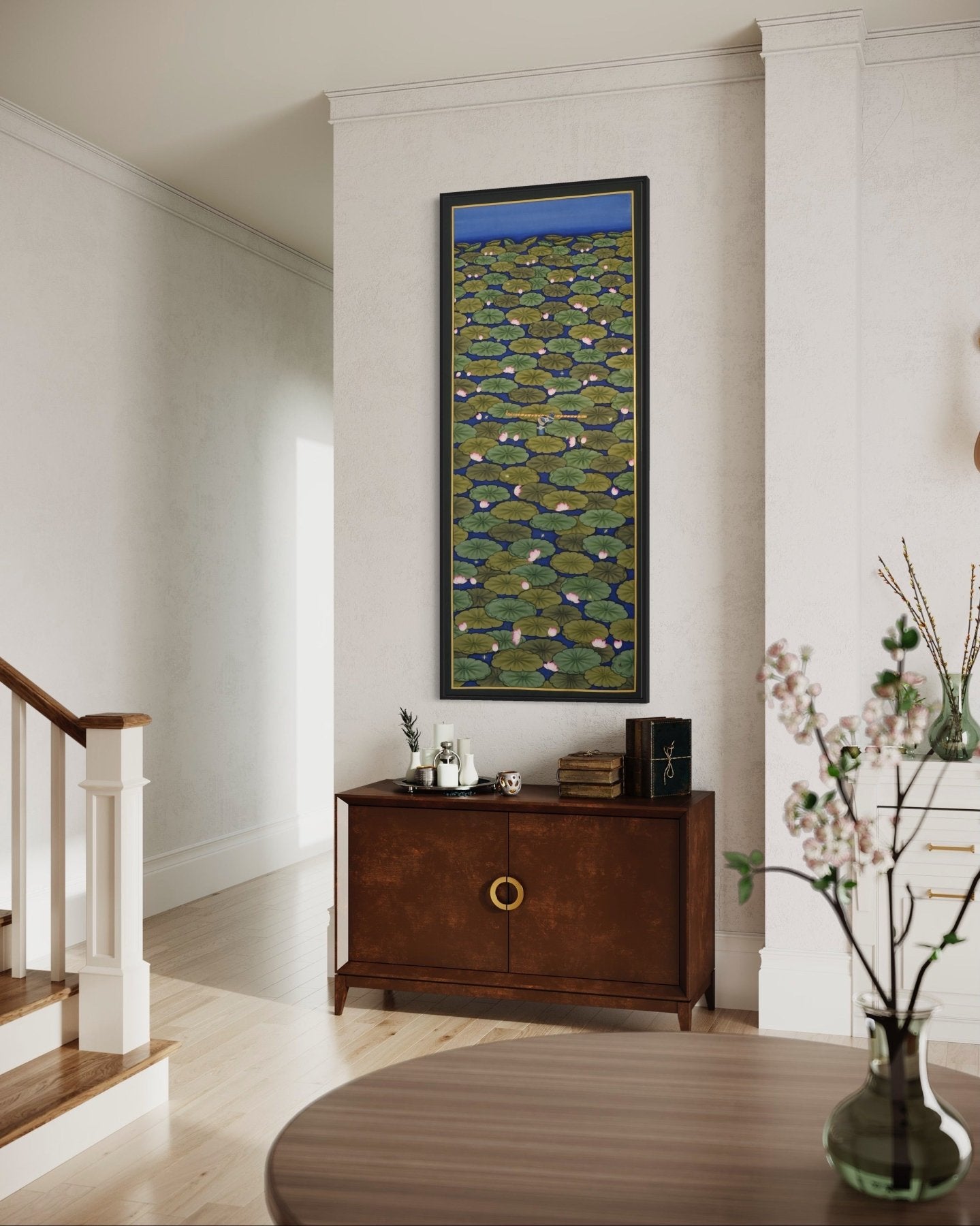 Lotus Lily Pond with Peeping Krishna - Marble Lotus - Pichwai Painting | Lotus Lily Pond with Peeping Krishna | Modern Home