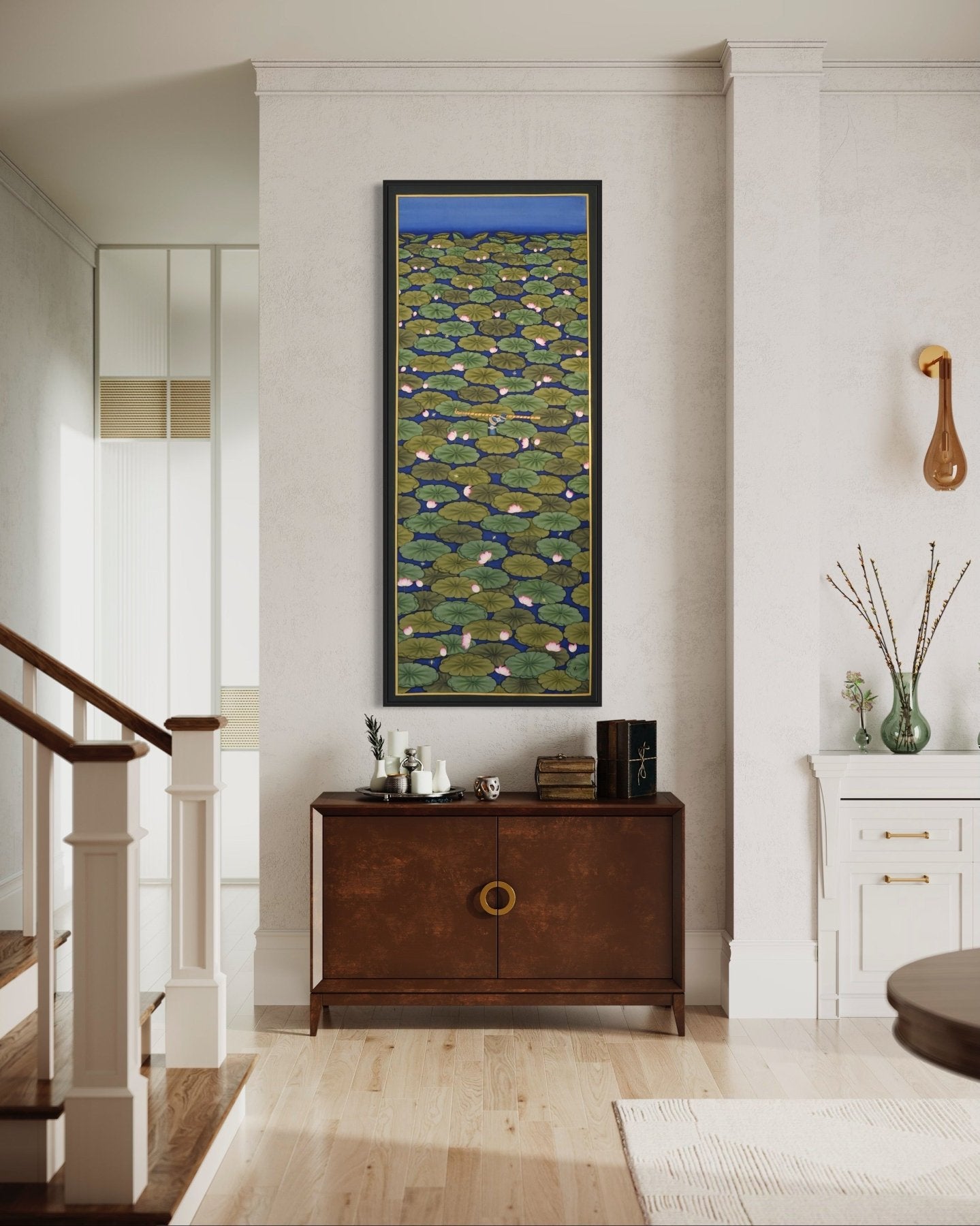 Lotus Lily Pond with Peeping Krishna - Marble Lotus - Pichwai Painting | Lotus Lily Pond with Peeping Krishna | Modern Home