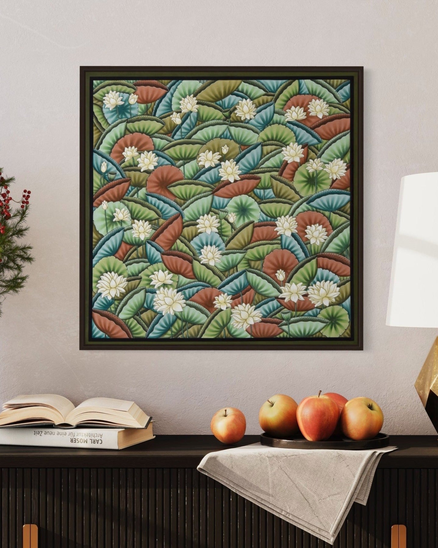 Lotuses and Colorful Lilypads - Marble Lotus - Pichwai Painting | Lotuses and Colorful Lillypads | Modern Home
