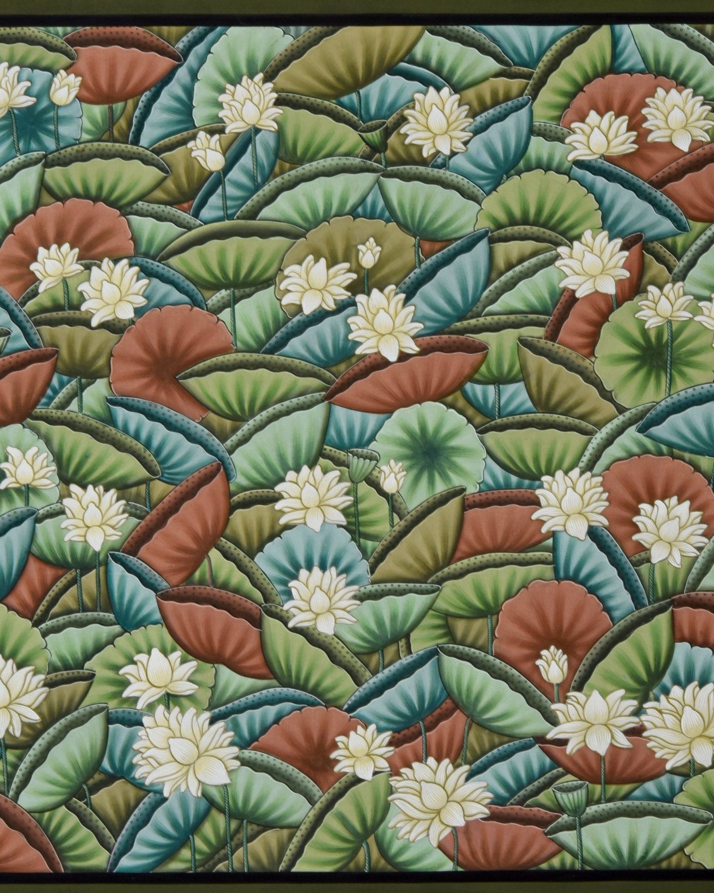Lotuses and Colorful Lilypads - Marble Lotus - Pichwai Painting | Lotuses and Colorful Lillypads | Indian Art