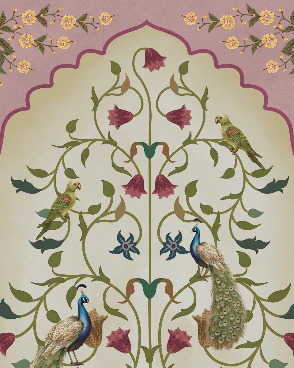 Madhuban Indian Floral Jharoka Wallpaper in Suneherii Collection Pink - Marble Lotus - Madhuban Indian Floral Jharoka Wallpaper in Suneherii Collection Pink