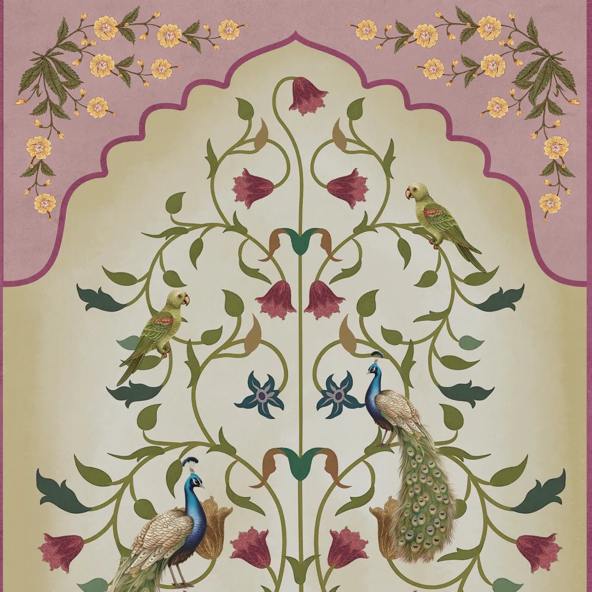 Madhuban Indian Floral Jharoka Wallpaper in Suneherii Collection Pink - Marble Lotus - Madhuban Indian Floral Jharoka Wallpaper in Suneherii Collection Pink