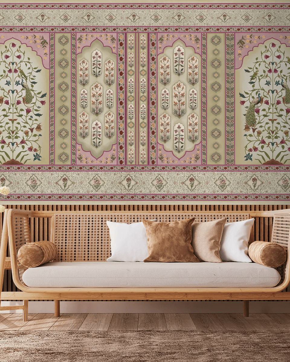 Madhuban Indian Floral Jharoka Wallpaper in Suneherii Collection Pink - Marble Lotus - Madhuban Indian Floral Jharoka Wallpaper in Suneherii Collection Pink