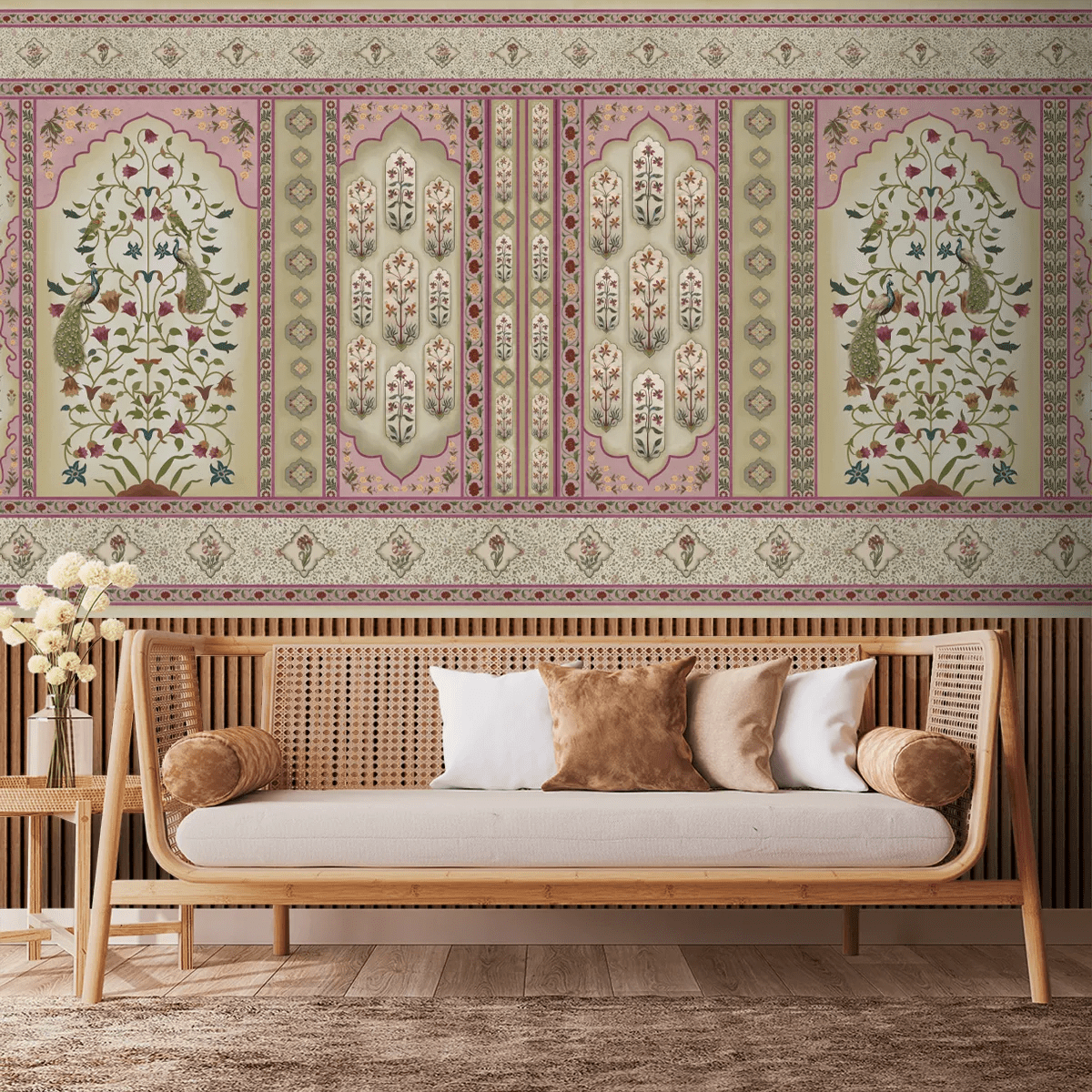 Madhuban Indian Floral Jharoka Wallpaper in Suneherii Collection Pink - Marble Lotus - Madhuban Indian Floral Jharoka Wallpaper in Suneherii Collection Pink