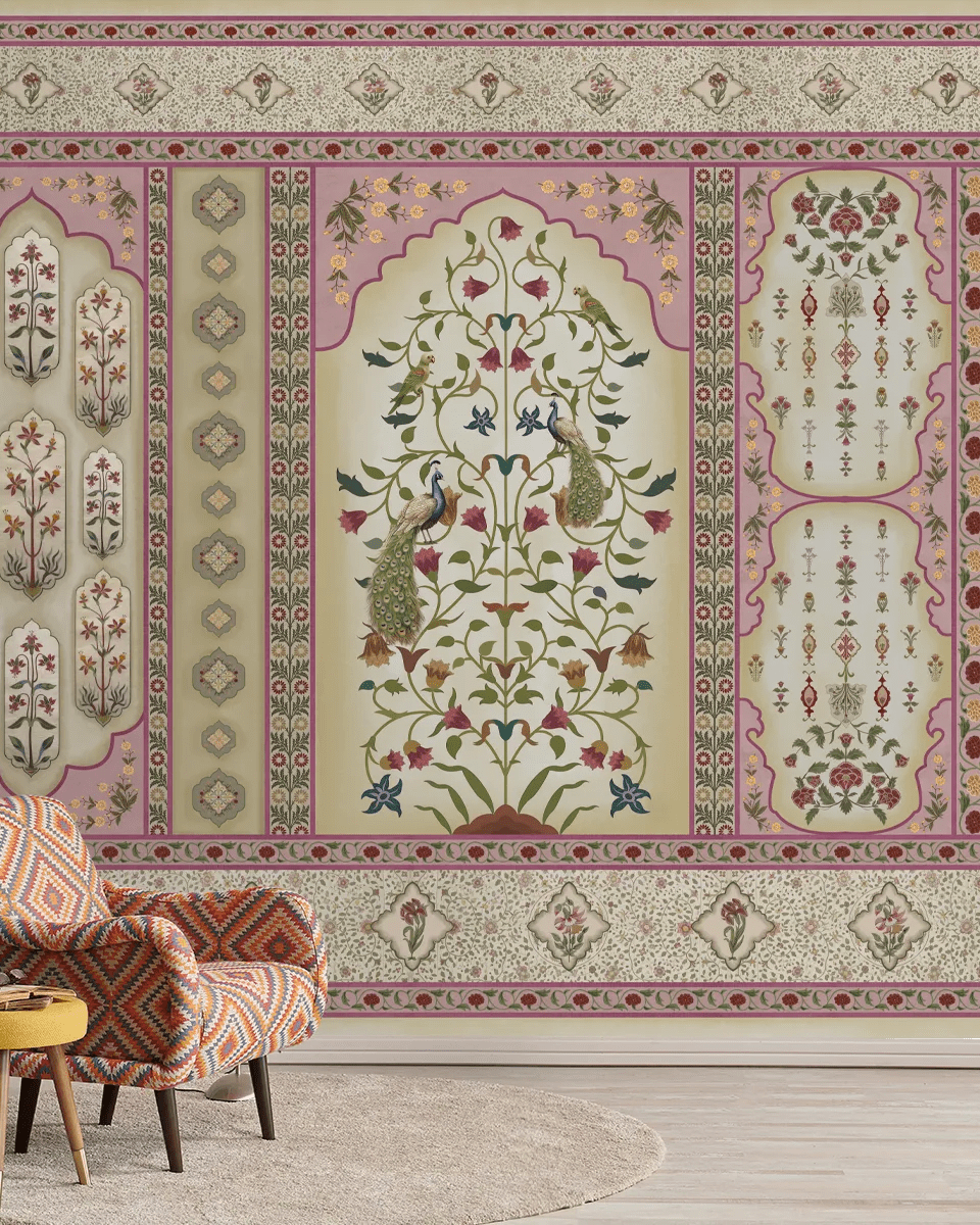 Madhuban Indian Floral Jharoka Wallpaper in Suneherii Collection Pink - Marble Lotus - Madhuban Indian Floral Jharoka Wallpaper in Suneherii Collection Pink