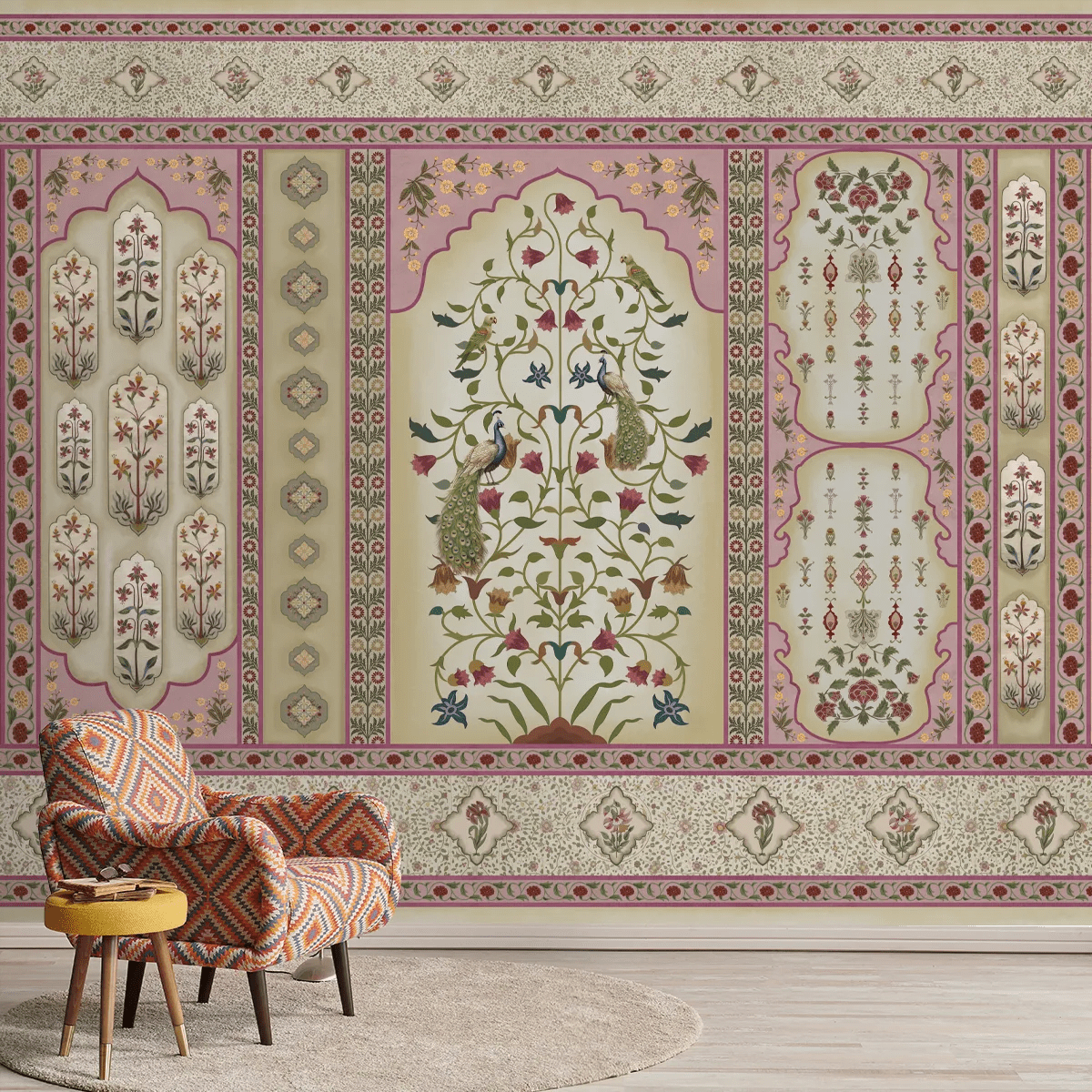 Madhuban Indian Floral Jharoka Wallpaper in Suneherii Collection Pink - Marble Lotus - Madhuban Indian Floral Jharoka Wallpaper in Suneherii Collection Pink