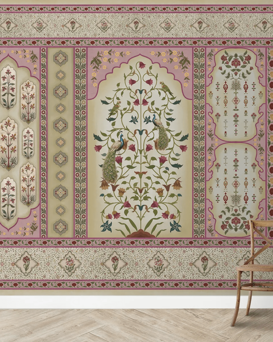 Madhuban Indian Floral Jharoka Wallpaper in Suneherii Collection Pink - Marble Lotus - Madhuban Indian Floral Jharoka Wallpaper in Suneherii Collection Pink