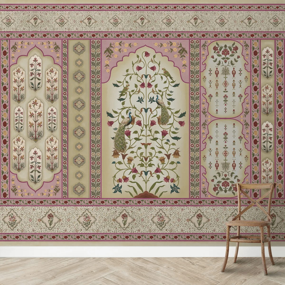 Madhuban Indian Floral Jharoka Wallpaper in Suneherii Collection Pink - Marble Lotus - Madhuban Indian Floral Jharoka Wallpaper in Suneherii Collection Pink