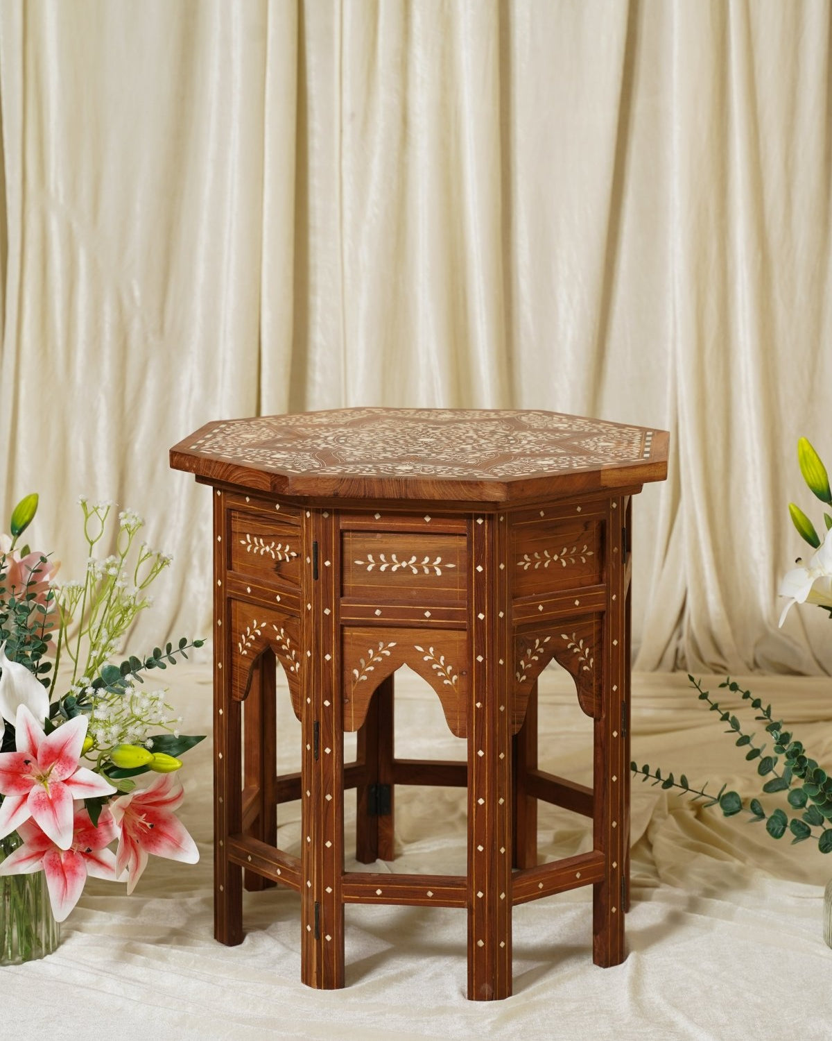 Maharani Bone Inlay Side Table - Marble Lotus - Maharani Bone Inlay Side Table