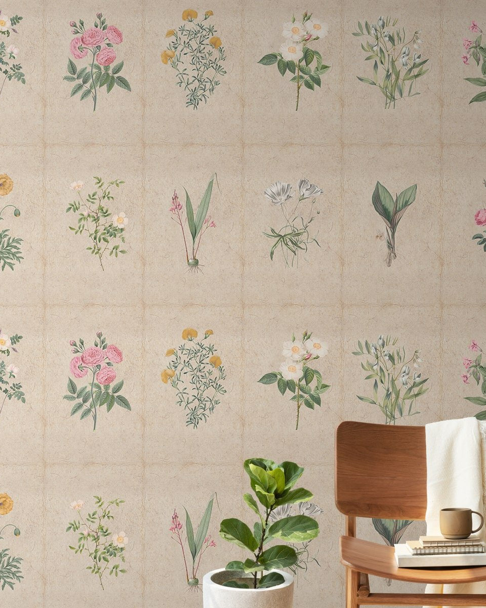 Mehek, Botanical Rendition Room Wallpaper - Marble Lotus - Mehek, Botanical Rendition Room Wallpaper.