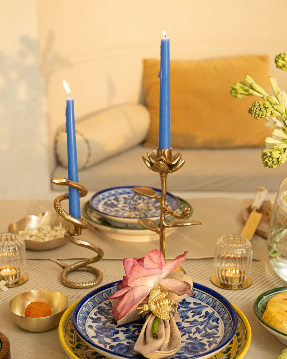 Metal Floral Candle Stand - Marble Lotus - Metal Floral Candle Stand
