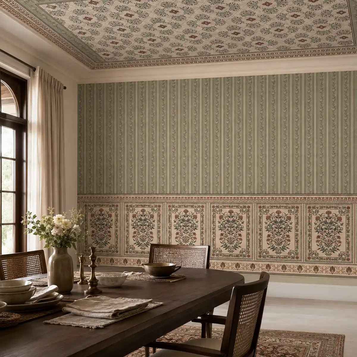Miras Vintage Green Stripe Wallpaper - Marble Lotus - Miras Vintage Green Stripe Wallpaper