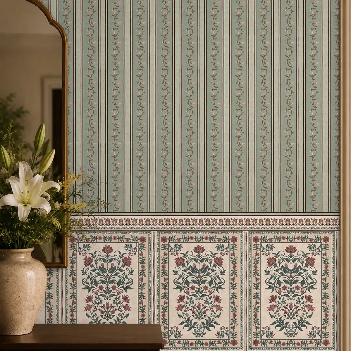 Miras Vintage Green Stripe Wallpaper - Marble Lotus - Miras Vintage Green Stripe Wallpaper