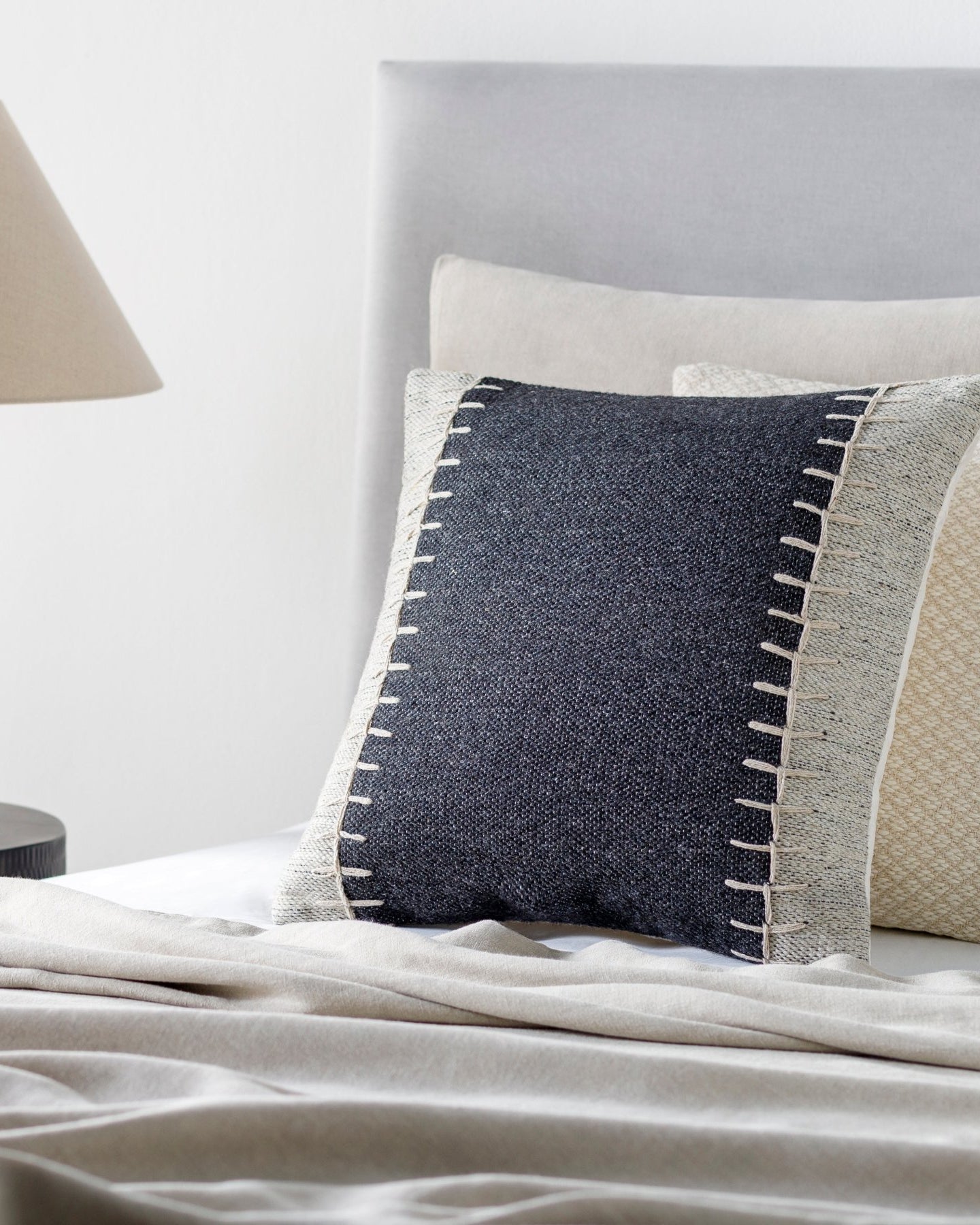 Modern Ivory & Black Woolen Pillow - Marble Lotus - Modern Ivory Black Woolen Pillow