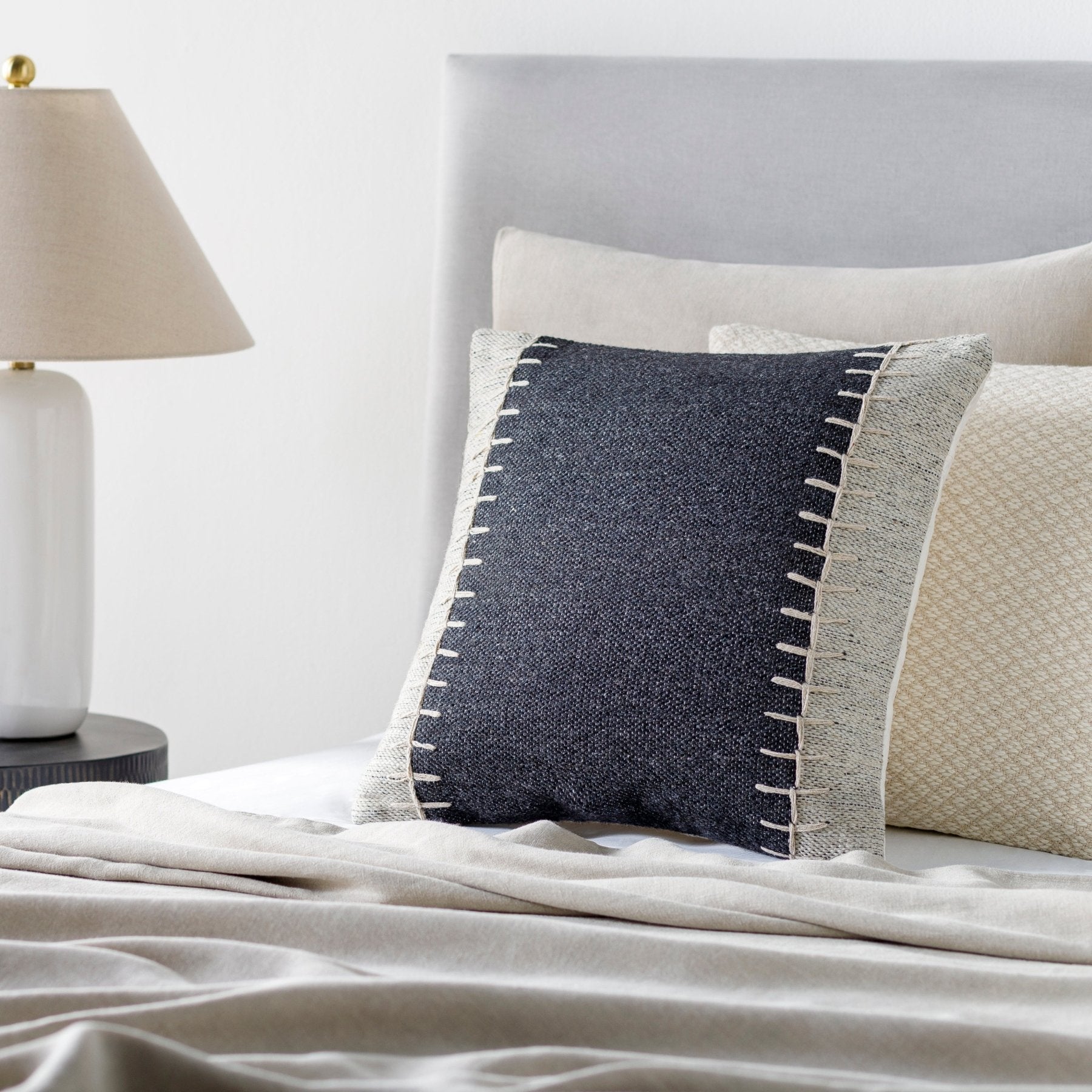 Modern Ivory & Black Woolen Pillow - Marble Lotus - Modern Ivory Black Woolen Pillow