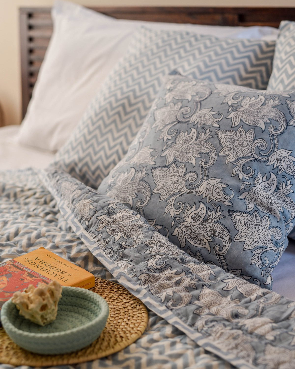 Mogra Block Printed Quilt - Marble Lotus - Mogra Block Printed Quilt