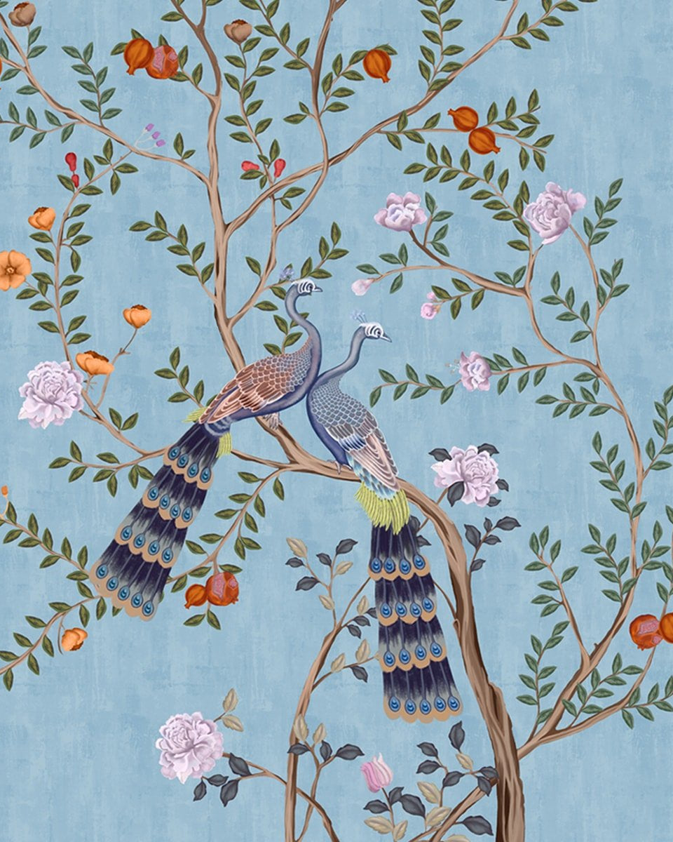Morni, Peacock and Flowers Chinoiserie Design for Walls, Blue - Marble Lotus - Morni, Peacock and Flowers Chinoiserie Design, Blue