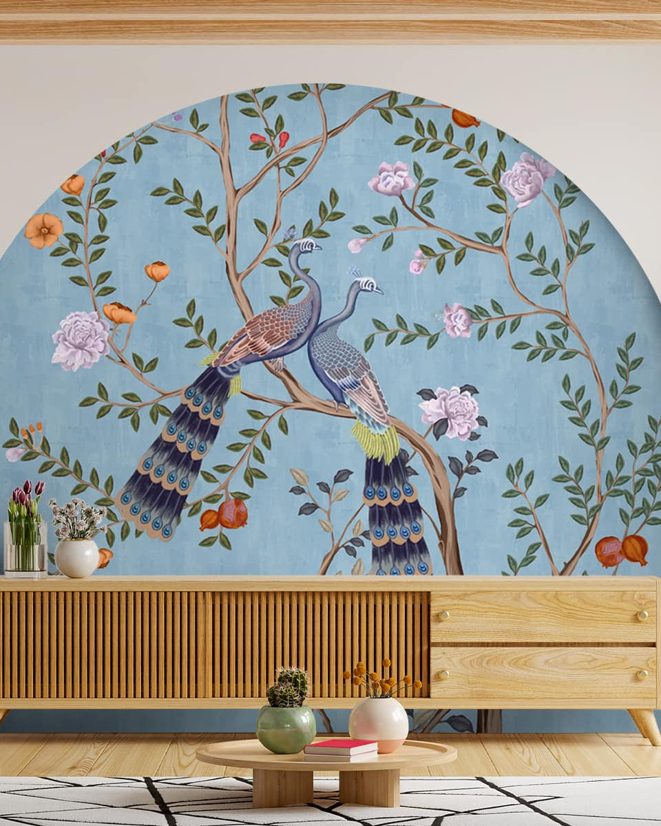 Morni, Peacock and Flowers Chinoiserie Design for Walls, Blue - Marble Lotus - Shop Morni, Peacock and Flowers Chinoiserie Design, Blue | Marble Lotus