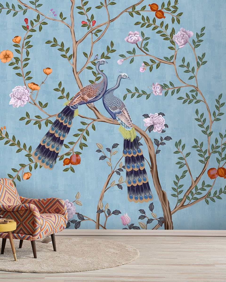 Morni, Peacock and Flowers Chinoiserie Design for Walls, Blue - Marble Lotus - Morni, Peacock and Flowers Chinoiserie Design for Walls, Blue