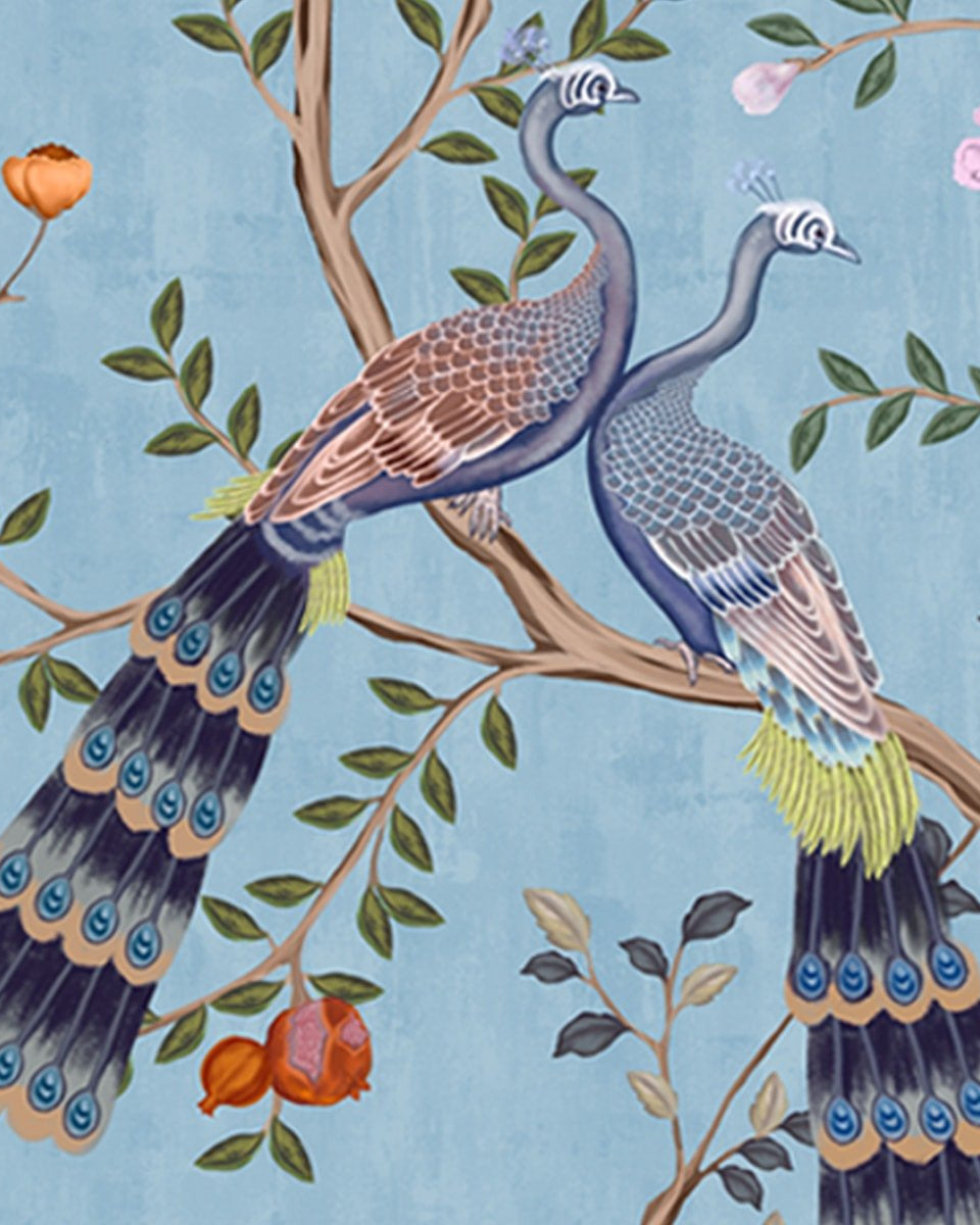 Morni, Peacock and Flowers Chinoiserie Design for Walls, Blue - Marble Lotus - Buy Morni, Peacock and Flowers Chinoiserie Design for Walls, Blue