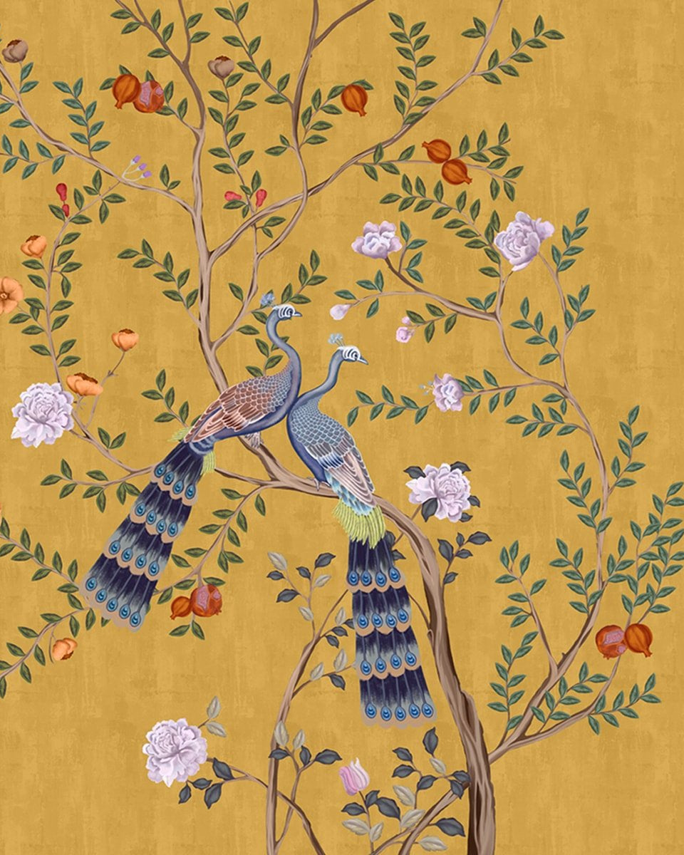 Morni, Peacock and Flowers Chinoiserie Design for Walls, Yellow - Marble Lotus - Morni, Peacock and Flowers Chinoiserie Design, Yellow