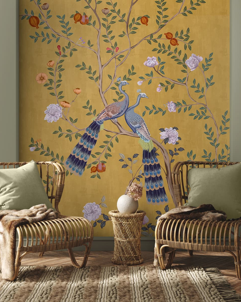 Morni, Peacock and Flowers Chinoiserie Design for Walls, Yellow - Marble Lotus - Morni, Peacock and Flowers Chinoiserie Design, Yellow