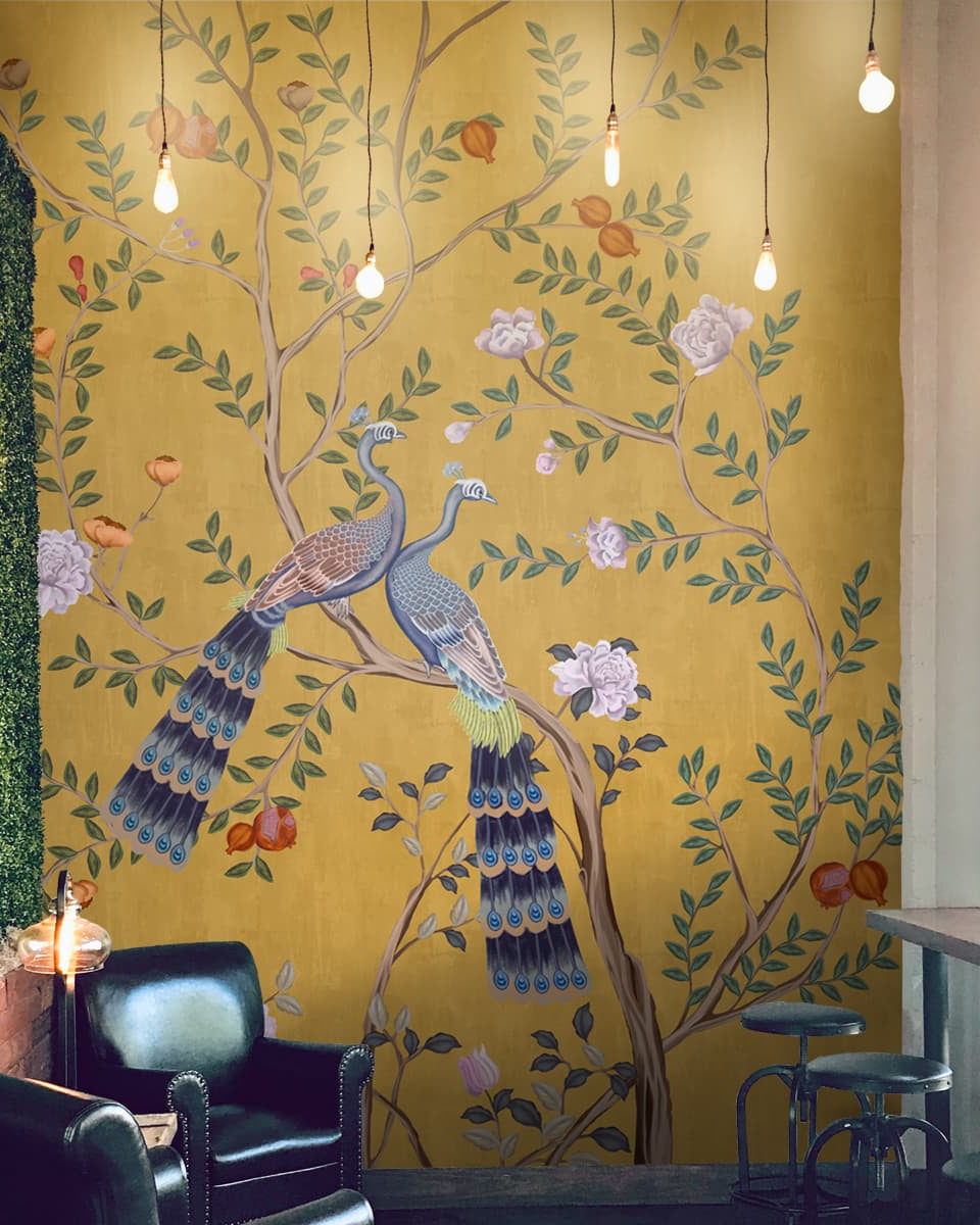 Morni, Peacock and Flowers Chinoiserie Design for Walls, Yellow - Marble Lotus - Morni, Peacock and Flowers Chinoiserie Design, Yellow